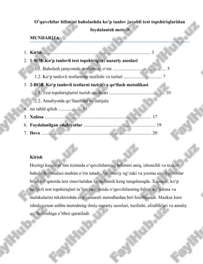 o’quvchilar bilimini baholashda ko’p tanlov javobli test topshiriqlaridan foydalanish metodi — DOCX
