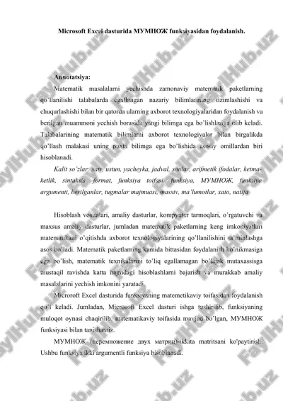 microsoft excel dasturida mumnoj funksiyasidan foydalanish — DOCX