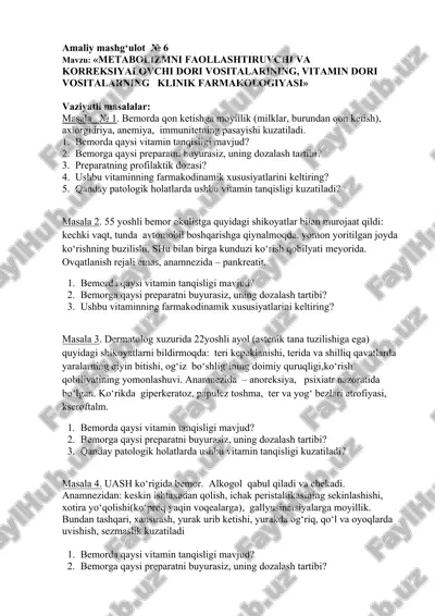 metabolizmni faollashtiruvchi va korreksiyalovchi dori vositalari — DOCX