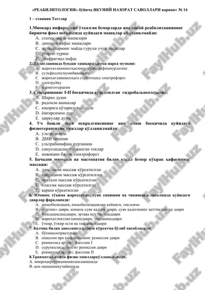 reabilitologiya bo'yicha yakuniy nazorat savollari variant № 14 — DOCX