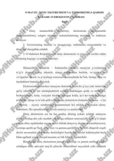 diniy ekstremizm va terrorizmga qarshi kurash: o'zbekiston tajribasi — DOCX