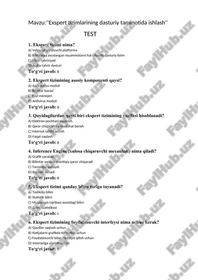 exspert tizimlarining dasturiy taminotida ishlash test javoblari bilan — DOCX
