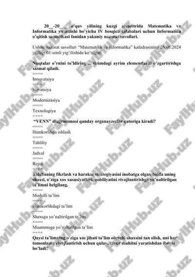 informatika o’qitish metodikasi fanidan yakuniy nazorat savollari javoblari bilan — DOCX