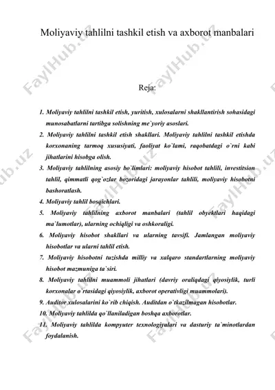 moliyaviy tahlilni tashkil etish va axborot manbalari — DOC