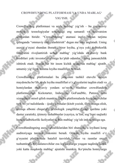 crowdfunding platformasi va unda mablag‘ yig‘ish — DOCX