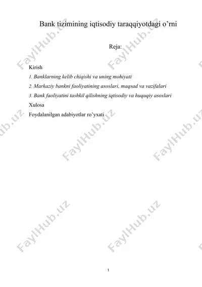 bank tizimining iqtisodiy taraqqiyotdagi o’rni — DOCX