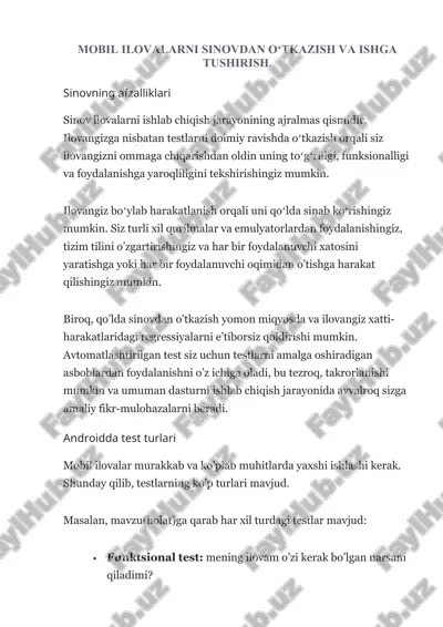 mobil ilovalarni sinovdan o‘tkazish va ishga tushirish — DOCX