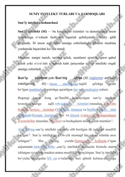 suniy intellekt turlari va tarmoqlari — DOCX