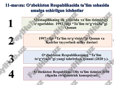 o‘zbekiston respublikasida ta’lim sohasida amalga oshirilgan islohotlar — PPT