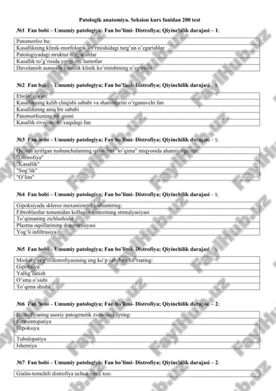 patologik anatomiya. seksion kurs fanidan 200 test — DOC
