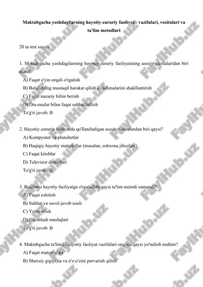 maktabgacha yoshdagilarning hayotiy test — DOCX