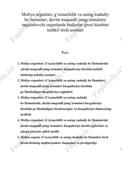 moliya organlari, g‘aznachilik va uning xududiy bo‘linmalari, davlat maqsadli jamg‘armalarni taqsimlovchi organlarda budjetlar ijrosi hisobini tashkil etish asoslari — DOC