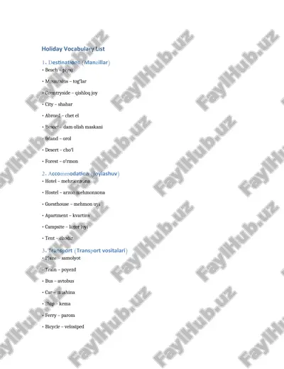 vocabulary for topic holiday — DOCX