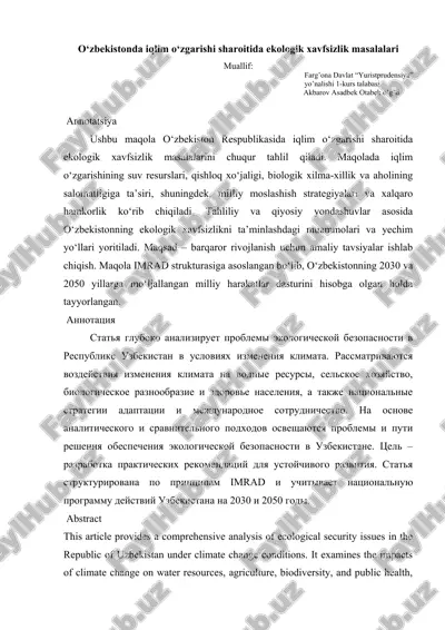 o‘zbekistonda iqlim o‘zgarishi sharoitida ekologik xavfsizlik masalalari — DOCX
