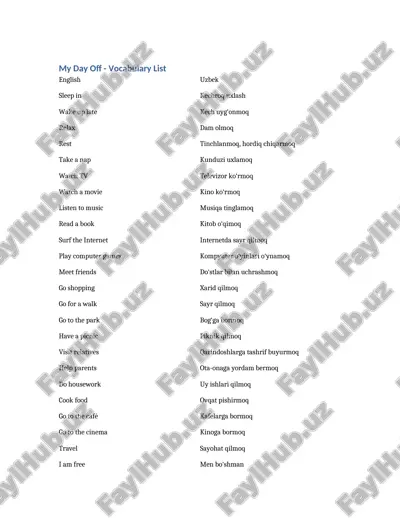 my day off - vocabulary list — DOCX
