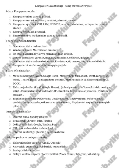 kampyuter savodxonligi darslari uchun eng kerakli ajoyib mavzular tuplami — DOCX