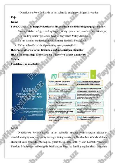 oʻzbekiston respublikasida ta’lim sohasida amalga oshirilgan islohotlar — DOCX