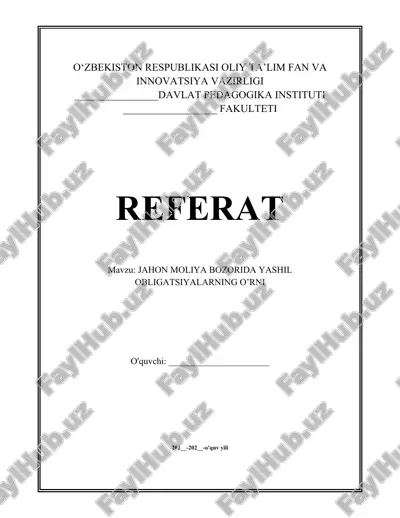 jahon moliya bozorida yashil obligatsiyalarning o’rni — DOCX
