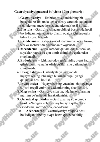 gastrulyatsiya mavzusi bo’yicha 10 ta glossariy — DOCX
