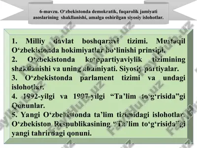 o‘zbekistonda demokratik, fuqarolik jamiyati asoslarining shakllanishi — PPT