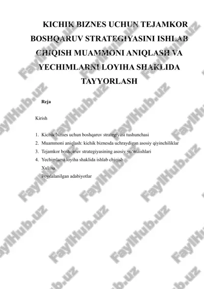kichik biznes uchun tejamkor boshqaruv strategiyasini ishlab chiqish muammoni aniqlash va yechimlarni loyiha shaklida tayyorlash — DOCX