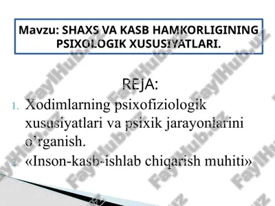 xodimlarning psixofiziologik xususiyatlari va psixik jarayonlarini o'rganish — PPTX