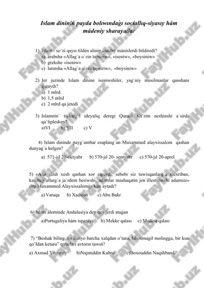 islam dinini payda boluvi sociallik-siyosiy ham madeniy shartlar — DOCX