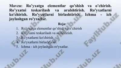 ro’yxatga elementlar qo’shish va o’chirish — PPTX