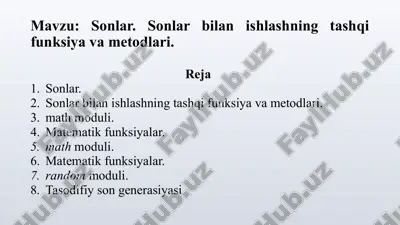 sonlar. sonlar bilan ishlashning tashqi funksiya va metodlari — PPTX
