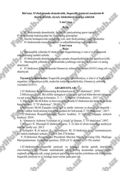 o'zbekistonda demokratik, fuqarolik jamiyati asoslarini shakllantirish, siyosiy islohotlarni amalga oshirish — DOCX