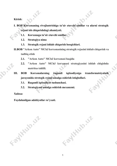 korxonaning rivojlantrishiga ta’sir etuvchi omillar va ularni strategik rejani ish chiqarishdagi ahamiyati — DOCX