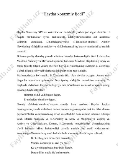 haydar xorazmiy ijodi — DOC