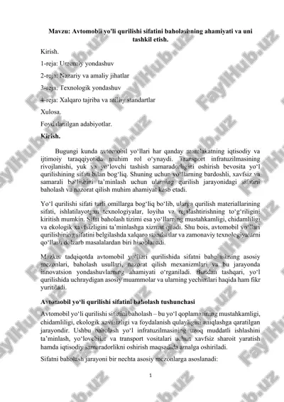 avtomobil yo'li qurilishi sifatini baholash — DOCX