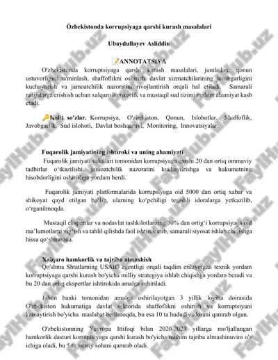korrupsiyaga qarshi kurash masalalari o'zbekistonda — DOCX