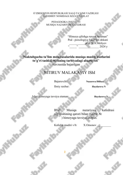 "maktabgacha ta’lim muassasalarida musiqa mashg’ulotlarini to’g’ri tashkil etishning tarbiyadagi ahamiyati" — DOC