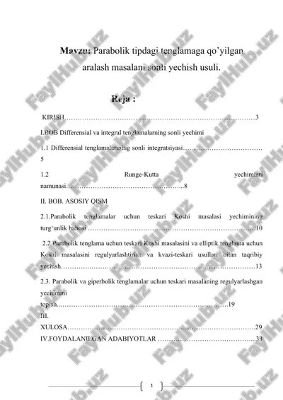 parabolik tipdagi tenglamaga qo’yilgan aralash masalani sonli yechish usuli — DOCX
