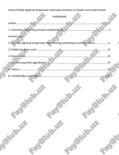 chiziqli algebraik tenglamalar sistemasini iteratsion va zeydel usuli orqali yechish — DOCX