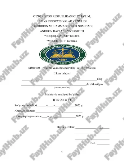 malakaviy amaliyot hisoboti "turizm va mehmondo‘stlik" ta’lim yo‘nalishi bo‘yicha — DOCX