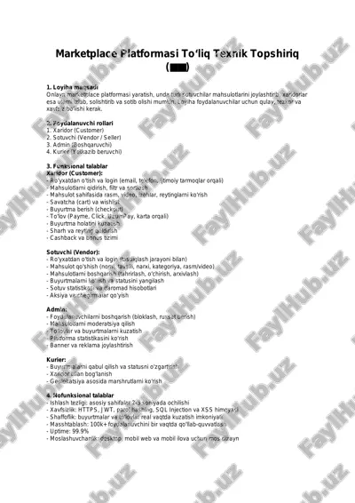 marketplace platformasi to‘liq texnik topshiriq — PDF