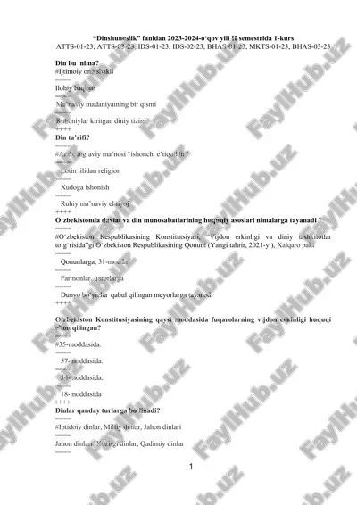 dinshunoslik fanidan 2023-2024-o‘qov yili ii semestrida 1-kurs — DOCX