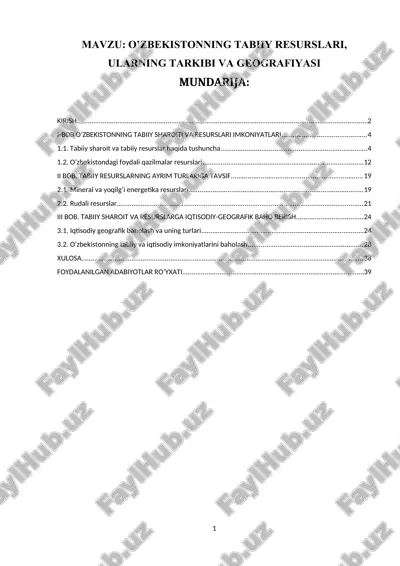 o’zbekistonning tabiiy resurslari, ularning tarkibi va geografiyasi — DOCX
