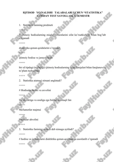statistika fanidagi test savollari — DOCX