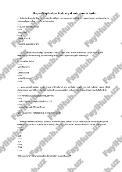 raqamli iqtisodiyot fanidan yakuniy nazorat testlari — DOCX