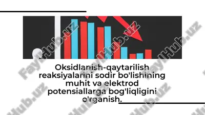 oksidlanish-qaytarilish reaksiyalarini sodir bo'lishining muhit va elektrod potensiallarga bog'liqligini o'rganish. — PDF