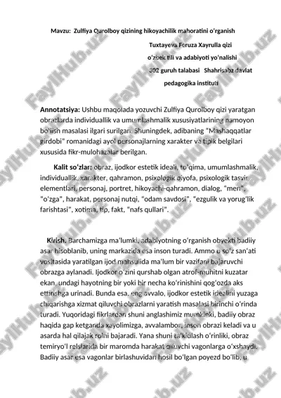 zulfiya qurolboy qizining hikoyachilik mahoratini o‘rganish — DOCX