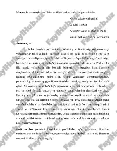 stomatologik kasalliklar profilaktikasi va ishlatiladigan asboblar — DOCX