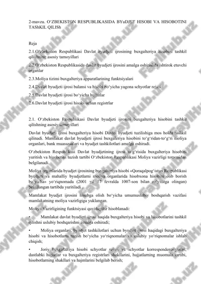 o‘zbekiston respublikasida davlat byudjeti ijrosini buxgalteriya hisobini tashkil qilish — DOCX