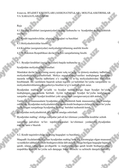 byudjet kreditlari (assignatsiyalar), moliyalashtirishlar va xarajatlari hisobi — DOCX