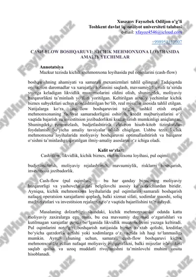 cash-flow boshqaruvi: kichik mehmonxona loyihasida amaliy yechimlar — DOCX