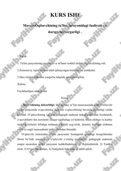 o'qituvchining ta'lim jarayonidagi faoliyati va darsga tayyorgarligi — DOCX
